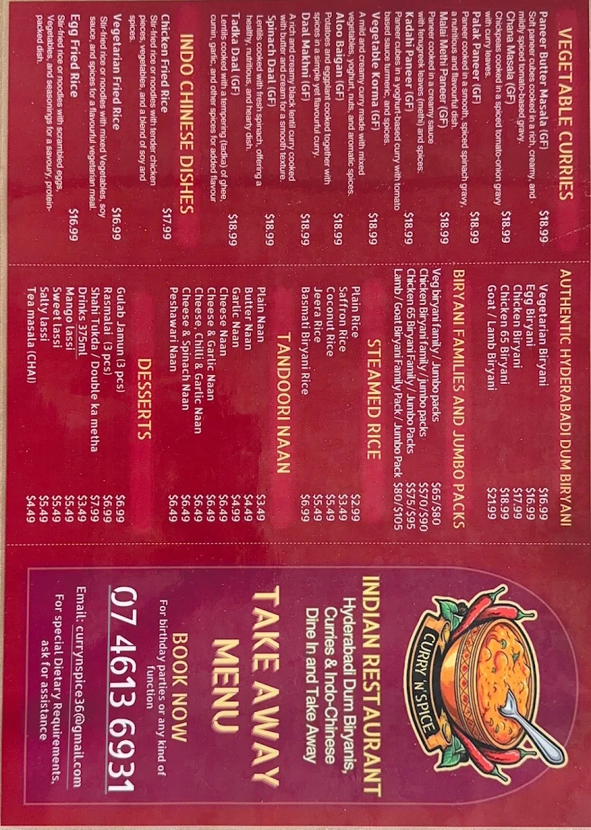 Menu, Curry 'n' Spice Indian Restaurant