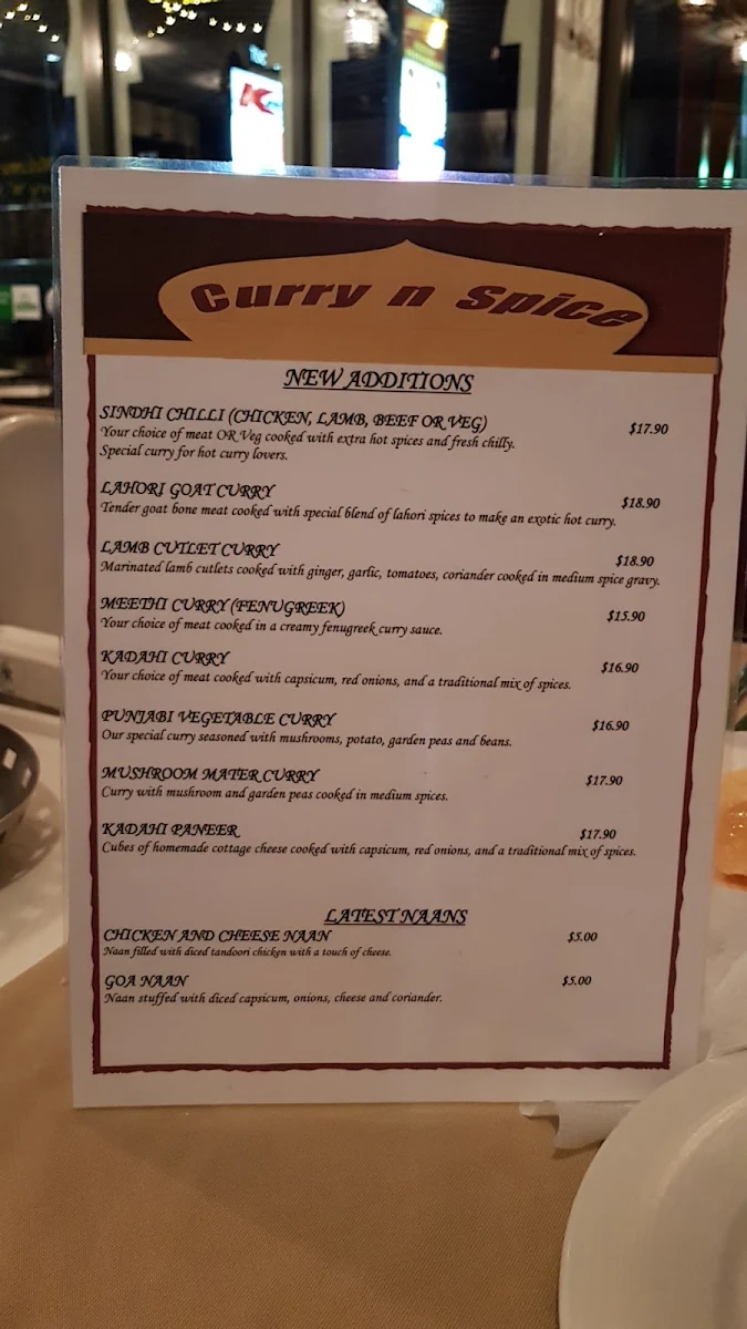 Menu, Curry 'n' Spice Indian Restaurant