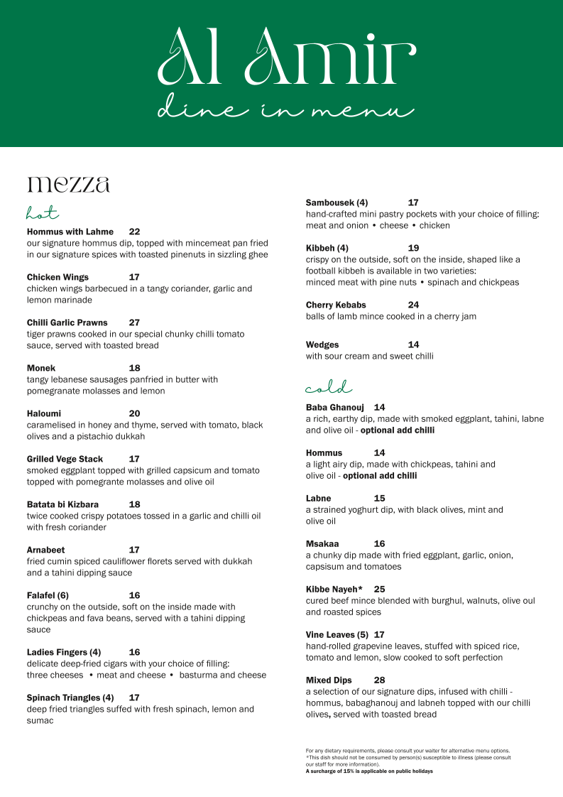 Menu, Al Amir Restaurant