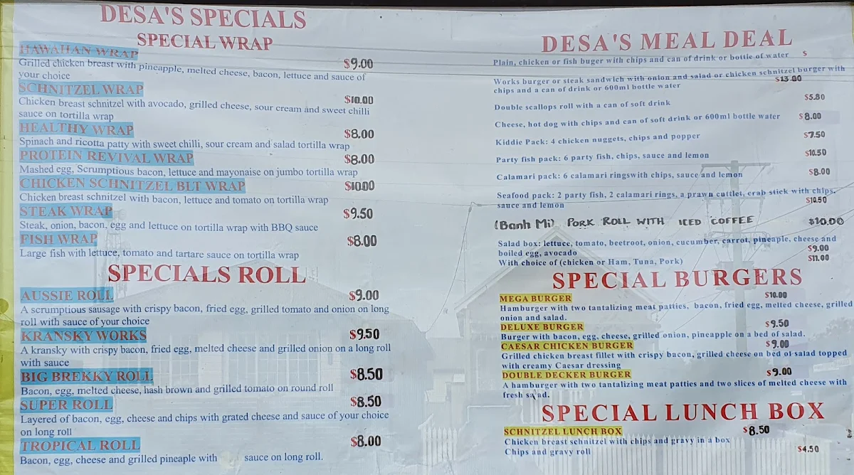 Menu, Desas Take Away & Vietnamese