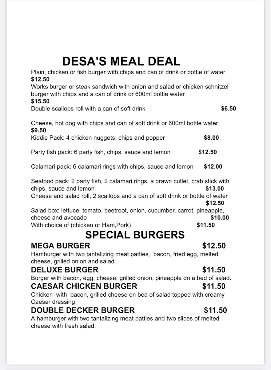 Menu, Desas Take Away & Vietnamese