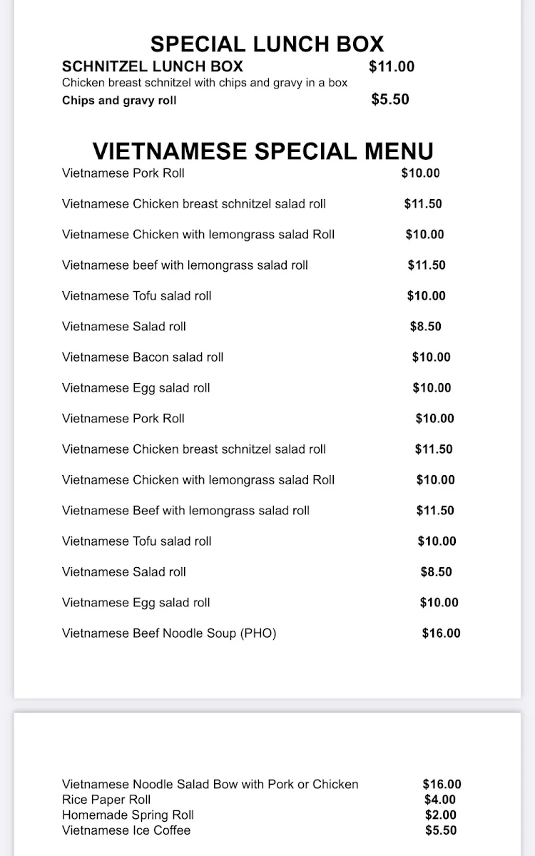 Menu, Desas Take Away & Vietnamese