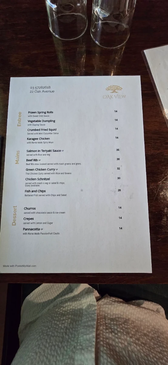 Menu, The Oak View Restaurant