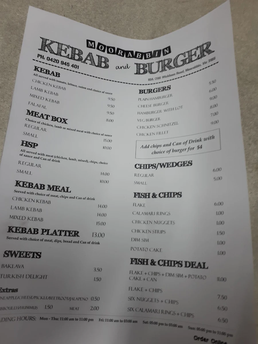 Menu, Moorabbin Kebab