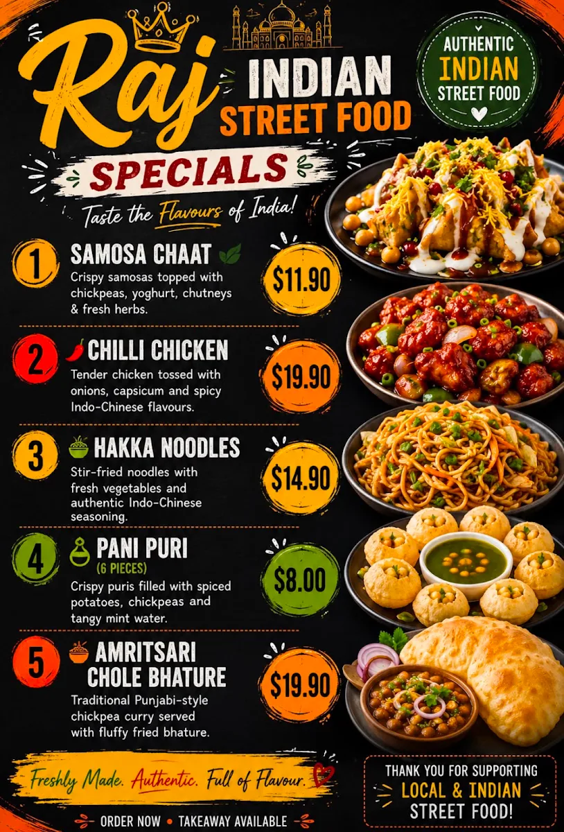 Menu, Raj Indian Street Food