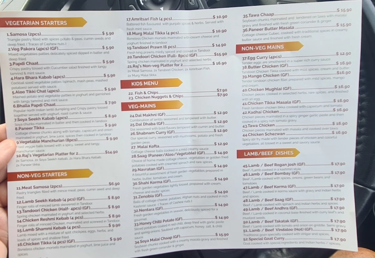 Menu, Raj Indian Street Food
