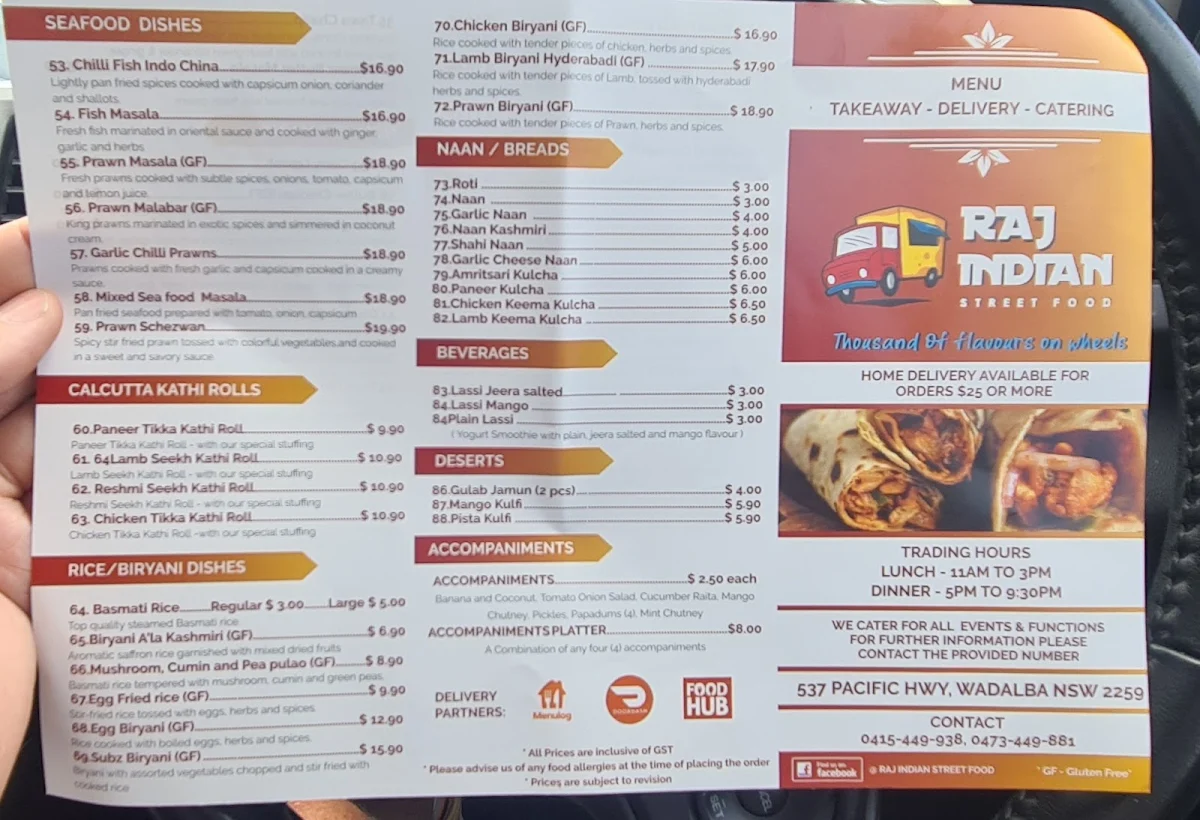 Menu, Raj Indian Street Food