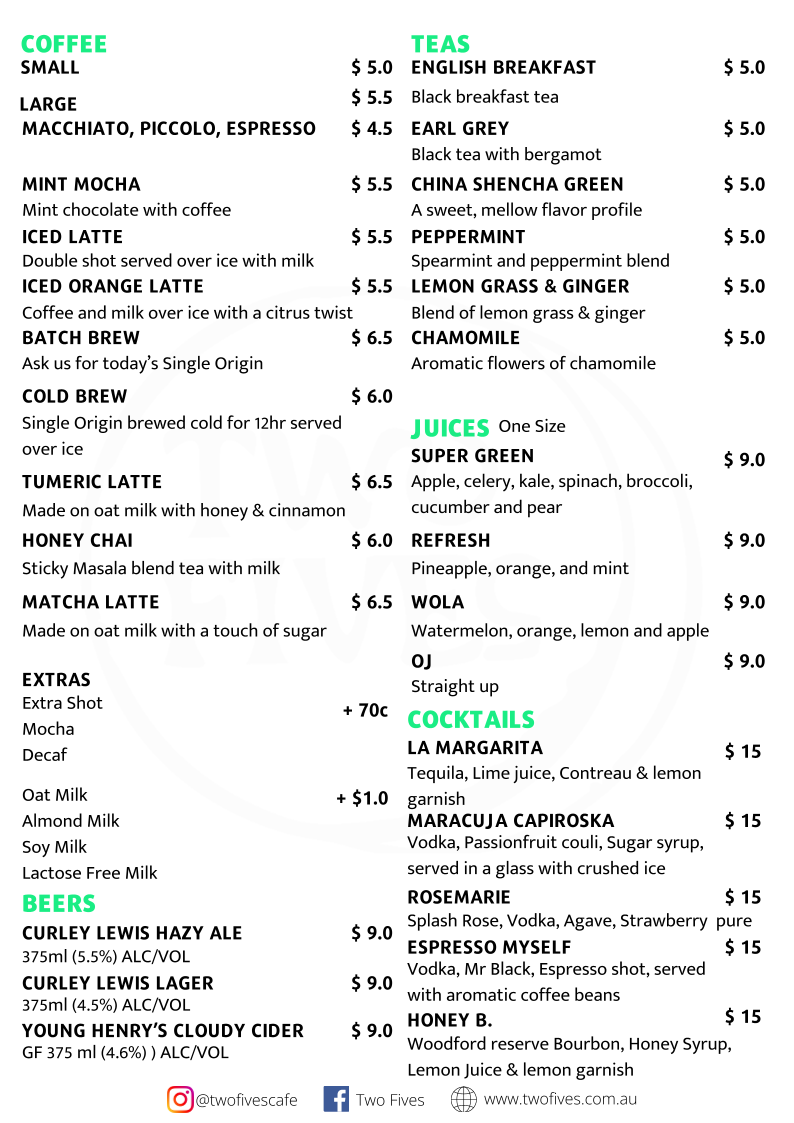Menu, Two Fives Cafe