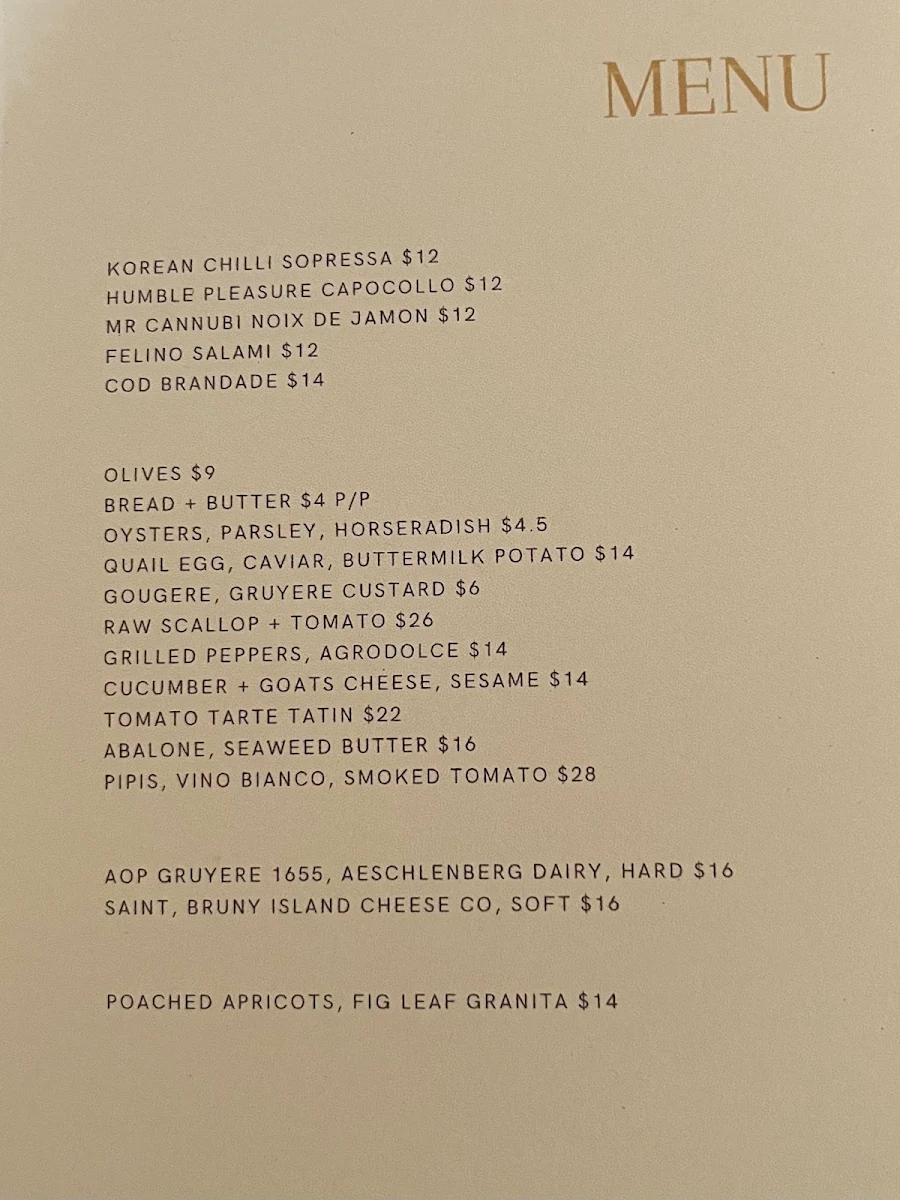 Menu, Tiny Bar