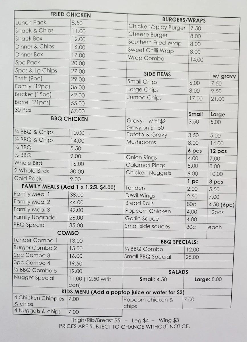 Menu, OZ Chicken