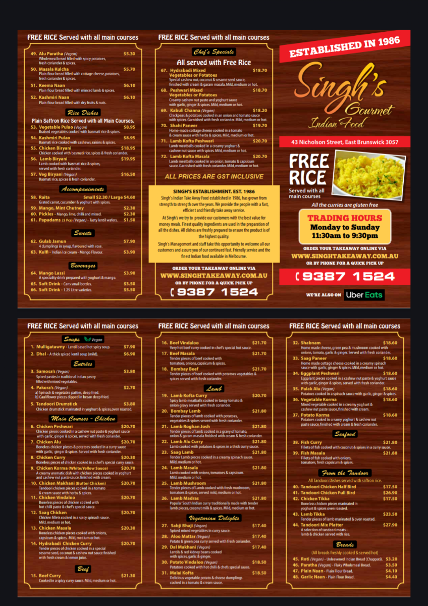 Menu, Singh's Indian Take Away Food