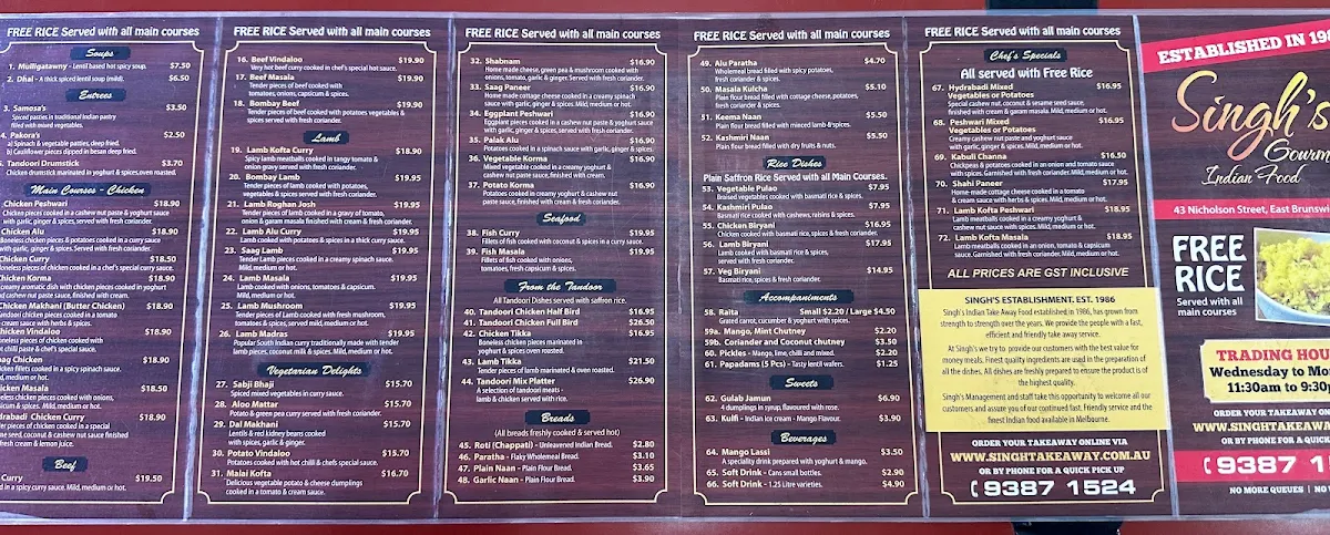 Menu, Singh's Indian Take Away Food