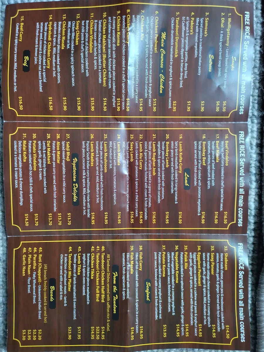 Menu, Singh's Indian Take Away Food