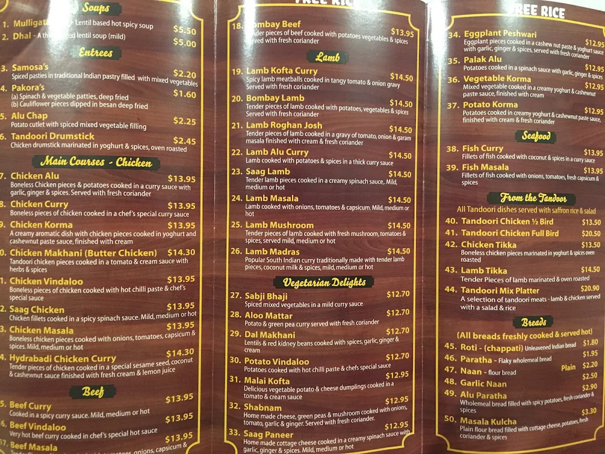 Menu, Singh's Indian Take Away Food
