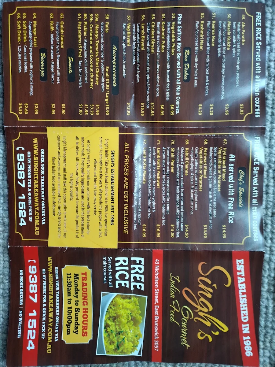 Menu, Singh's Indian Take Away Food