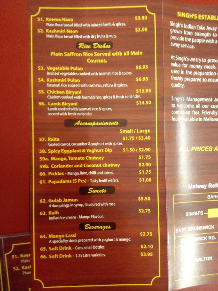 Menu, Singh's Indian Take Away Food