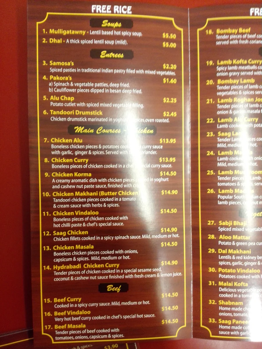 Menu, Singh's Indian Take Away Food