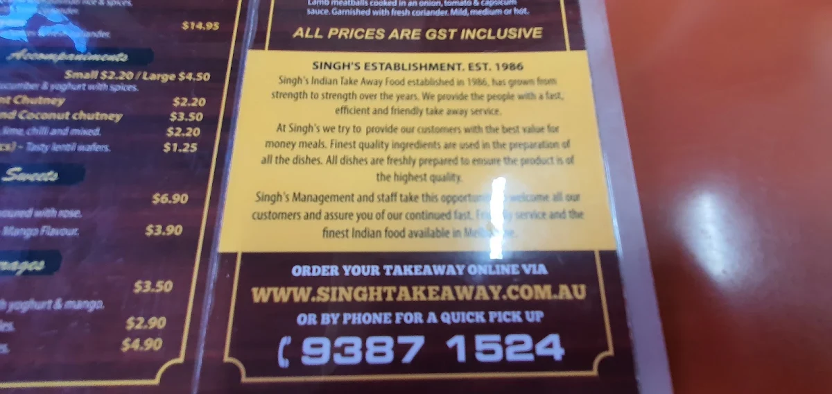 Menu, Singh's Indian Take Away Food