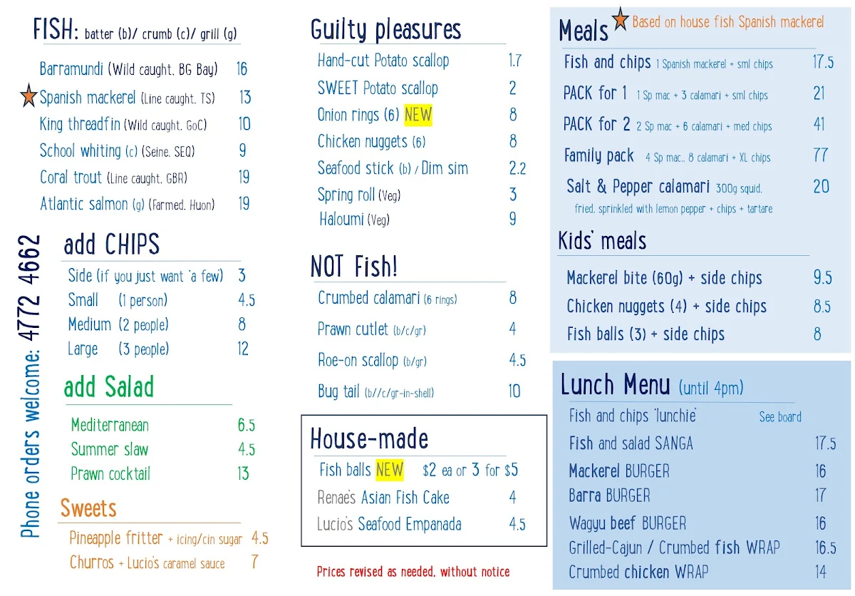 Menu, Tobin Fish Tales