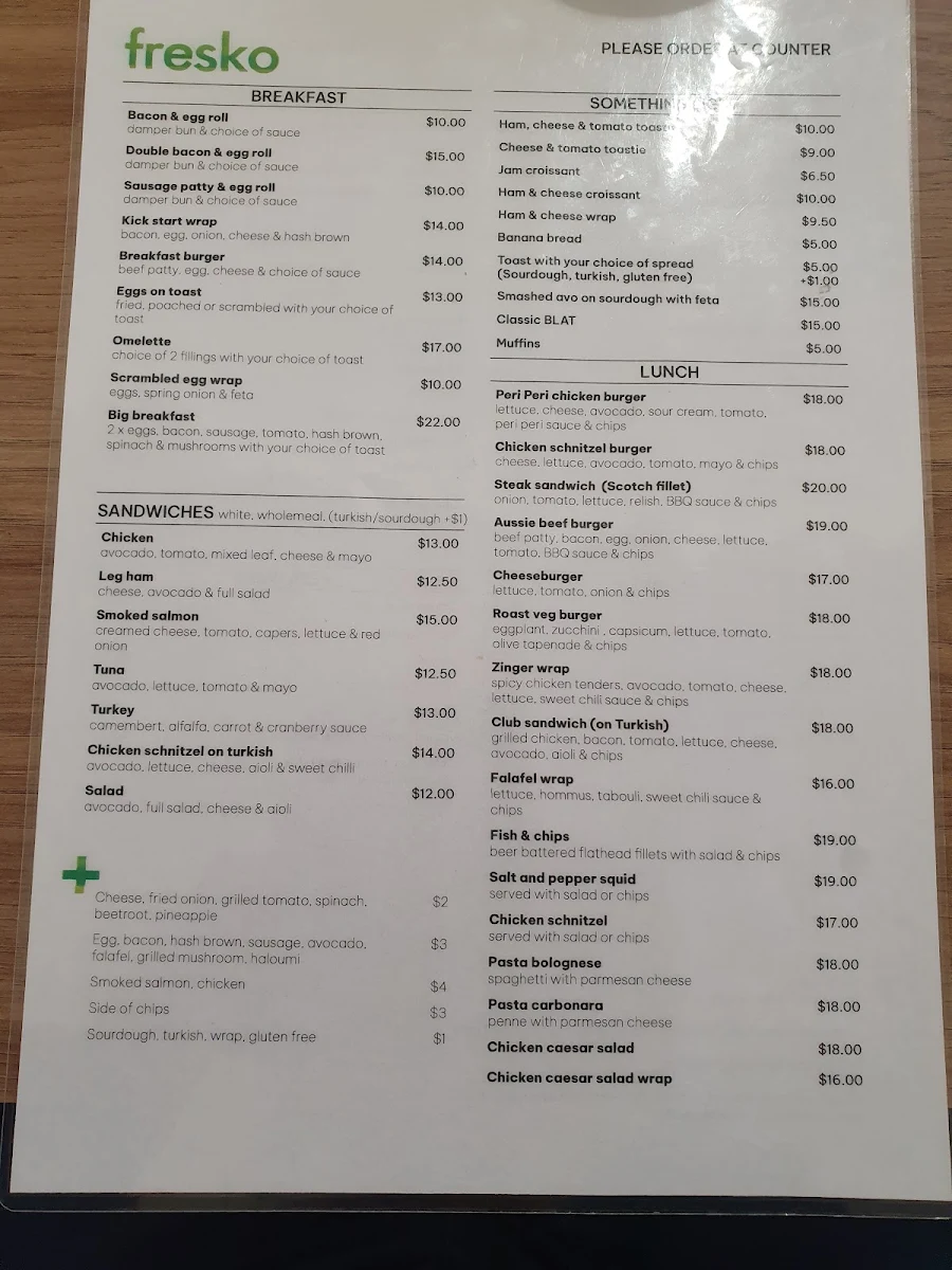 Menu, Fresko Cafe Warriewood