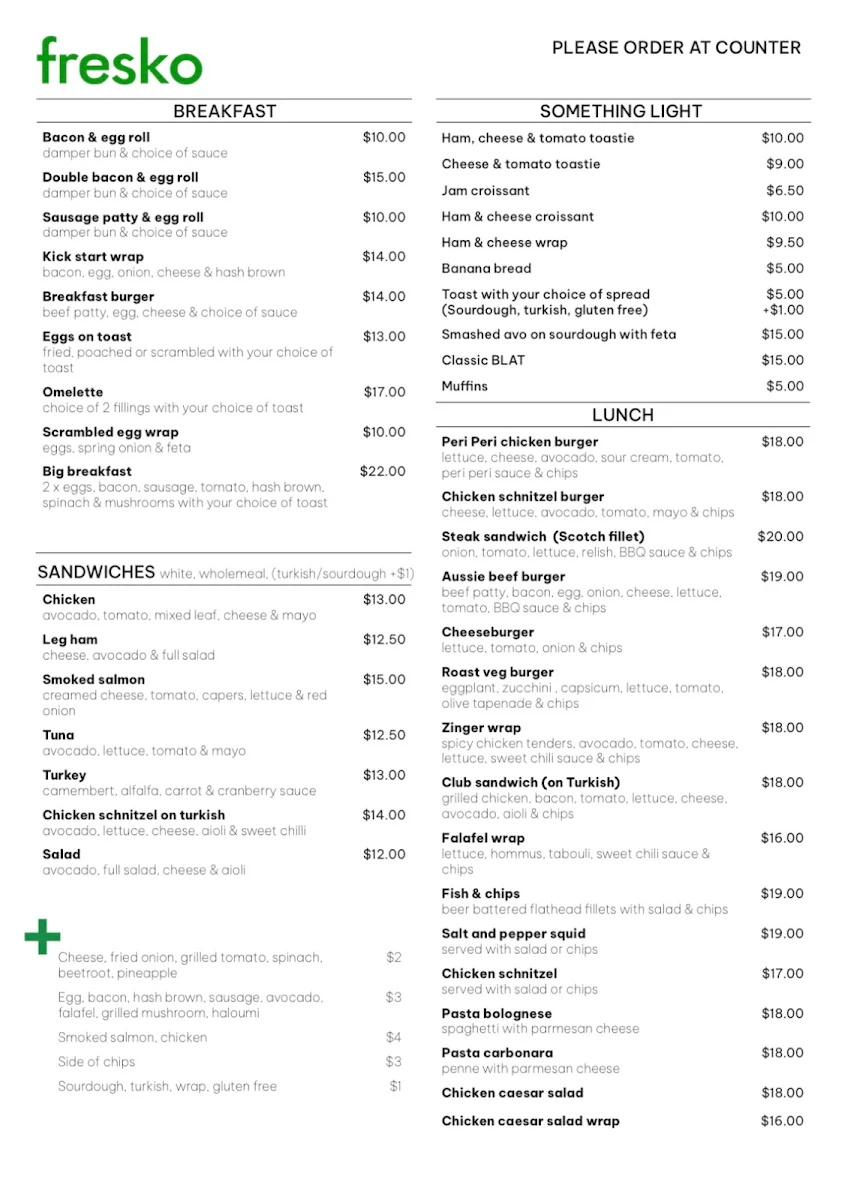Menu, Fresko Cafe Warriewood