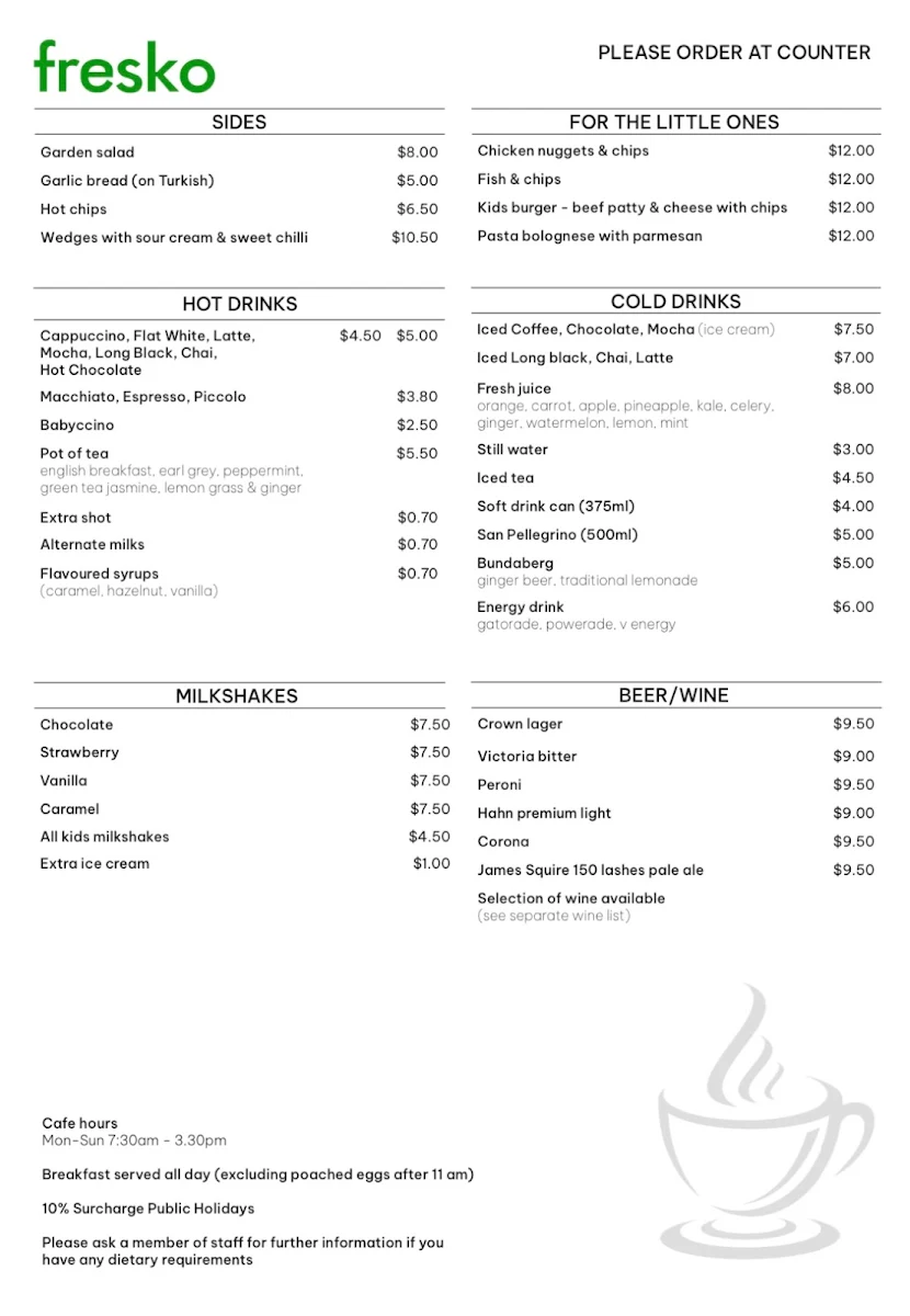 Menu, Fresko Cafe Warriewood
