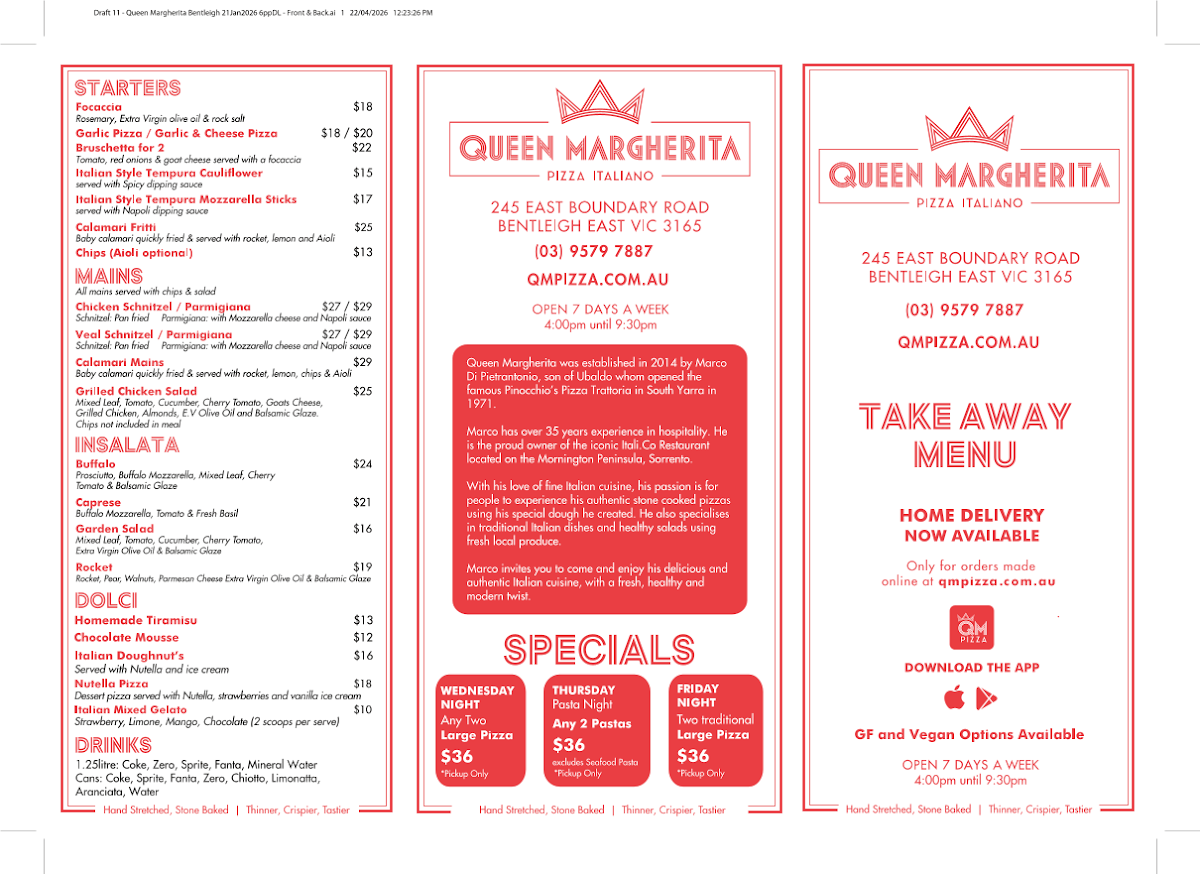 Menu, Queen Margherita Pizza Bentleigh East
