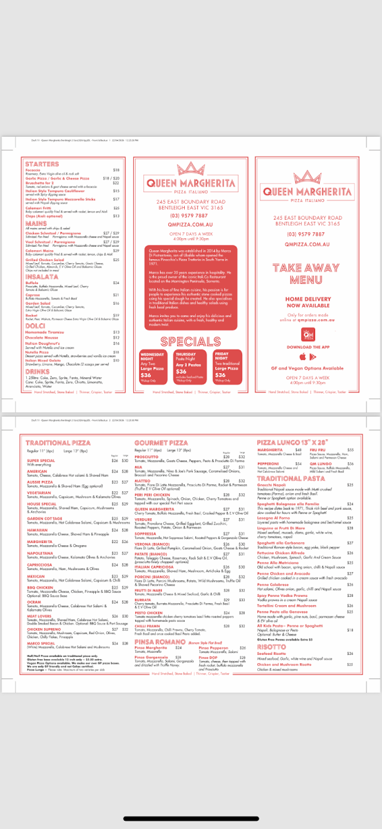Menu, Queen Margherita Pizza Bentleigh East