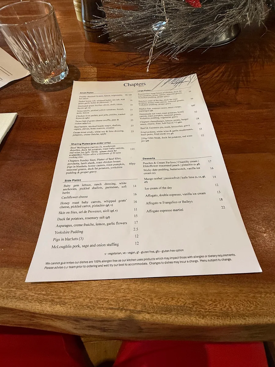 Menu, Chapters Bistro