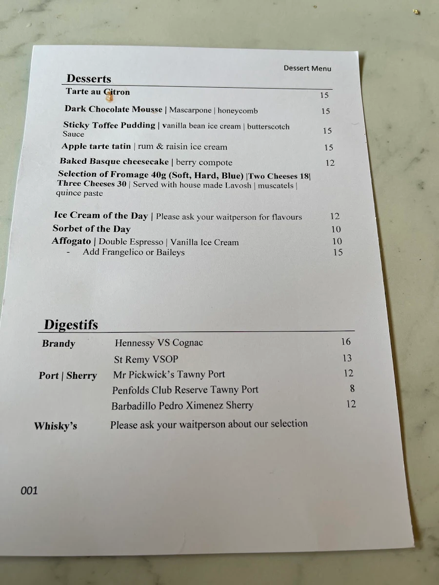 Menu, Chapters Bistro
