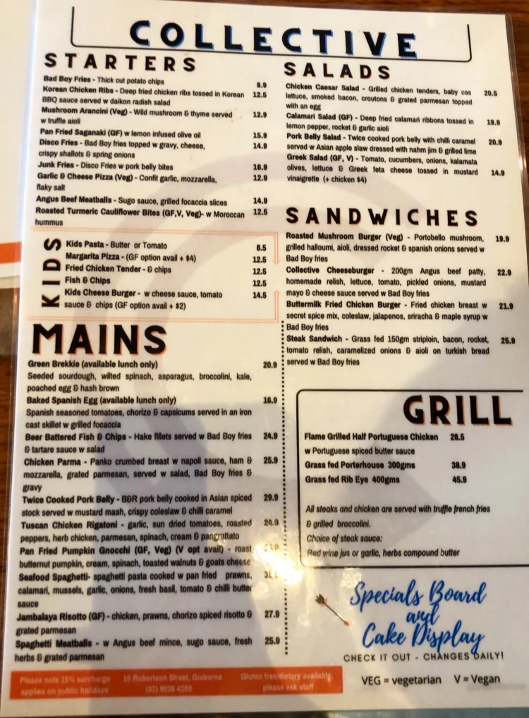 Menu, Gisborne Collective
