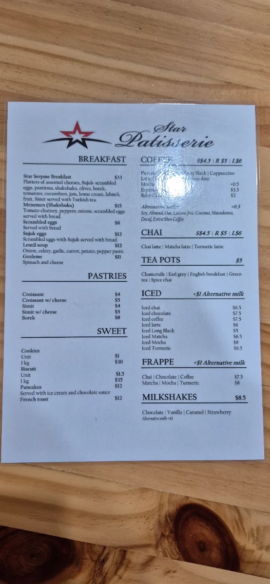 Menu, Star Patisserie