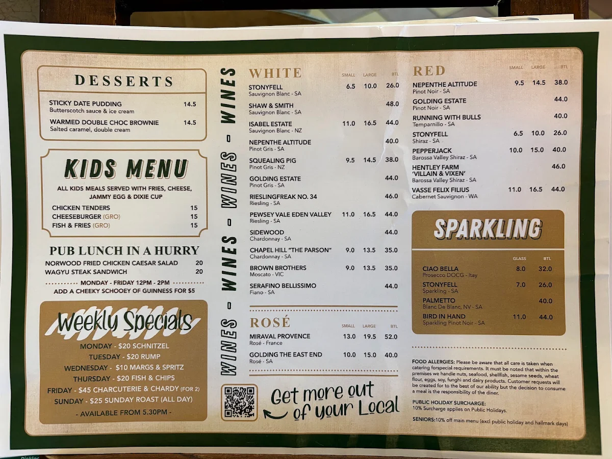 Menu, Norwood Hotel