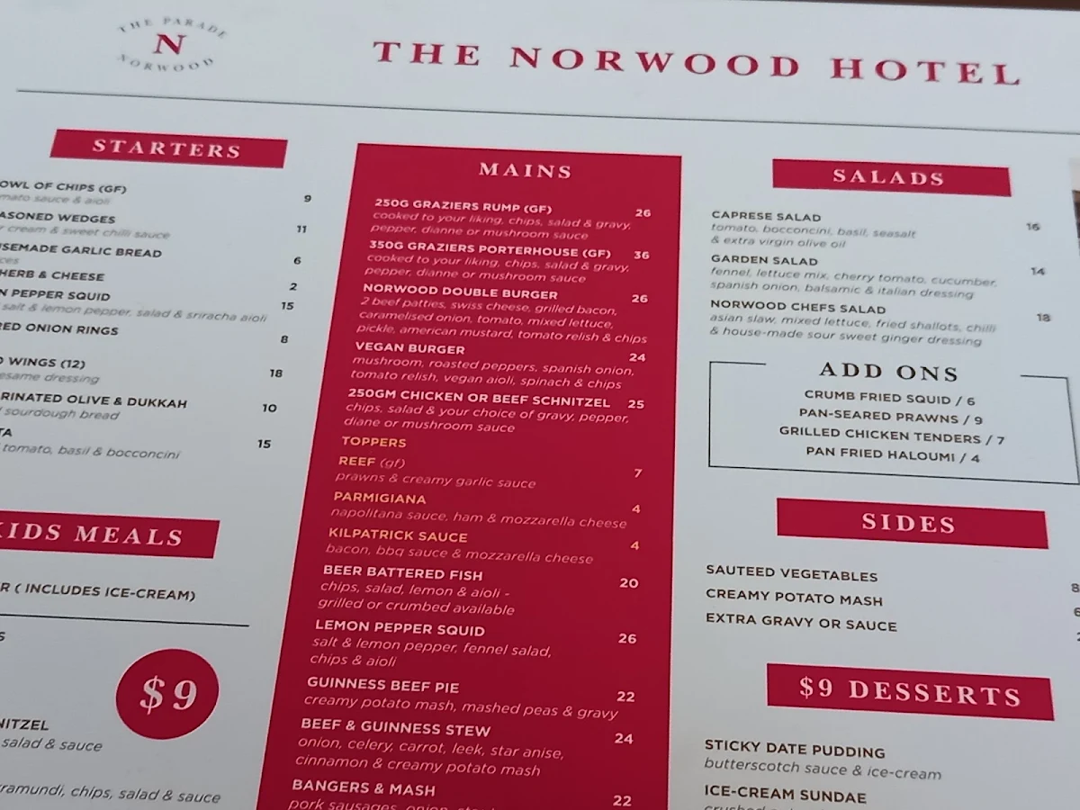 Menu, Norwood Hotel