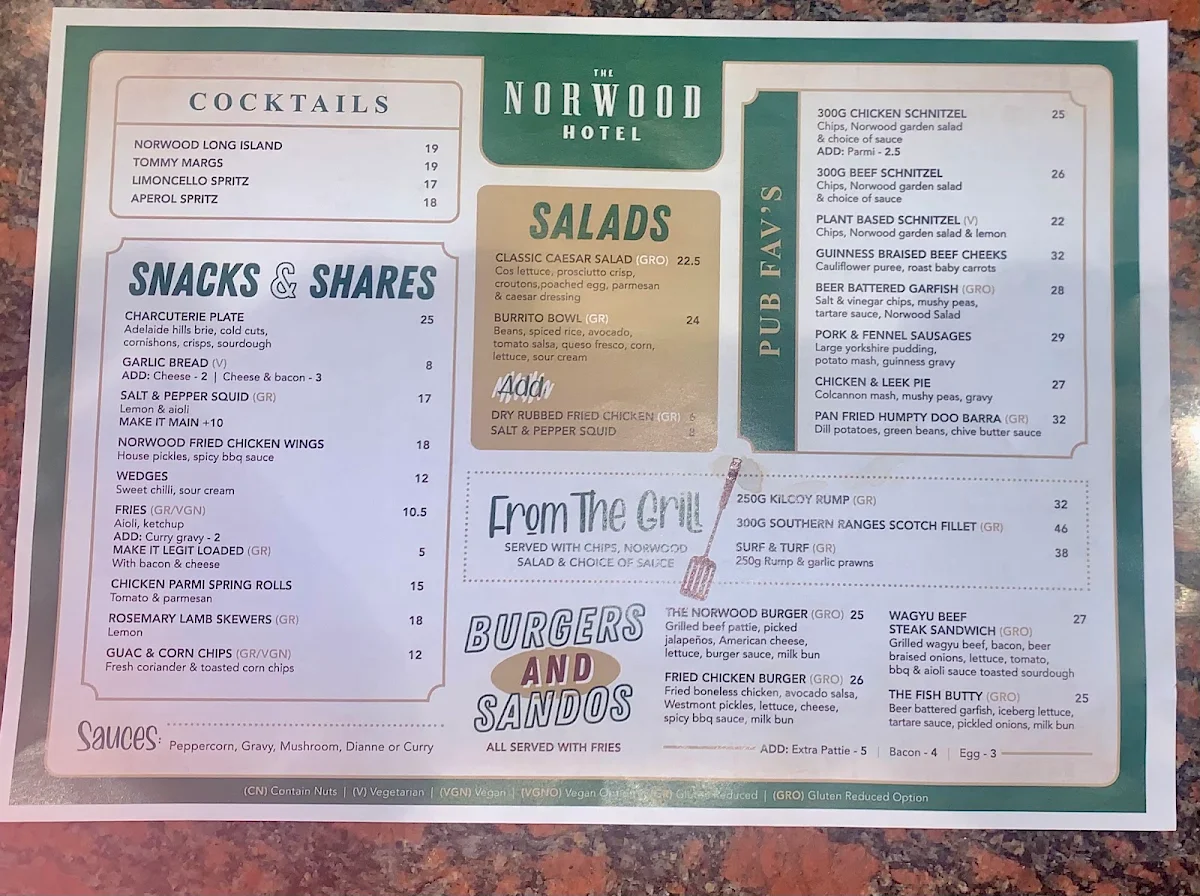 Menu, Norwood Hotel