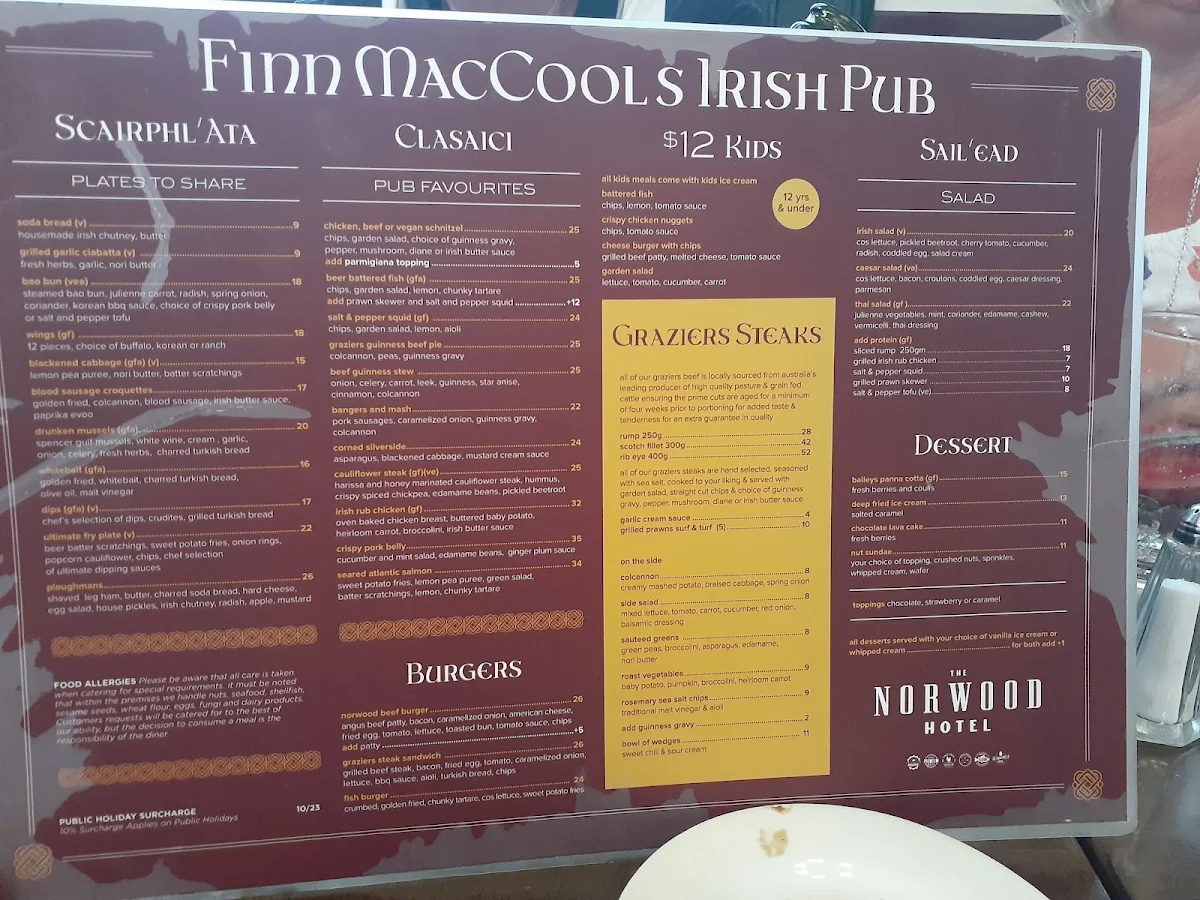 Menu, Norwood Hotel