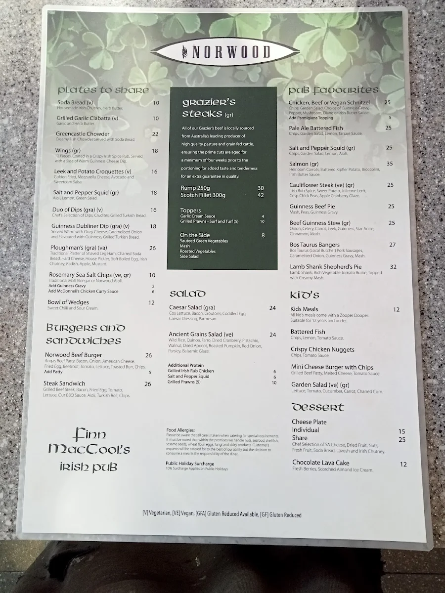 Menu, Norwood Hotel