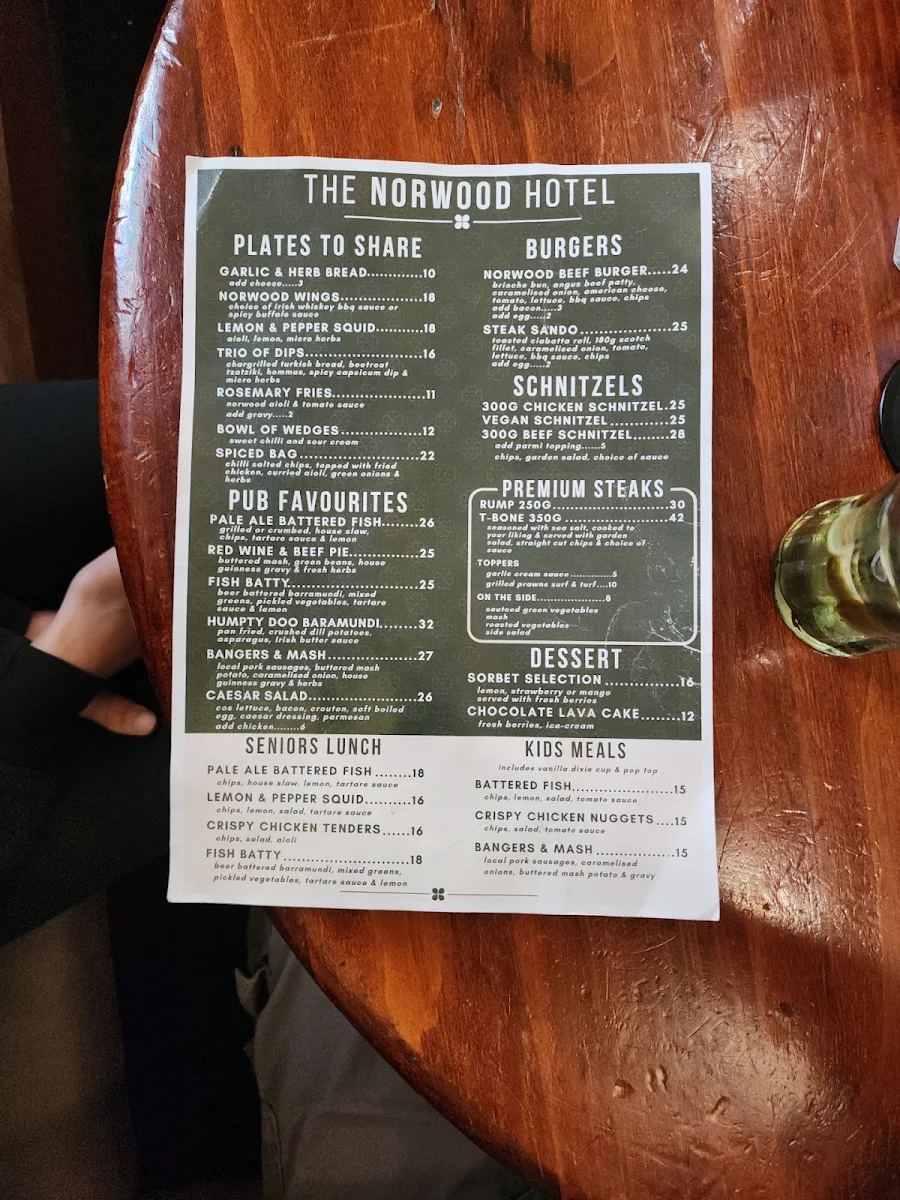 Menu, Norwood Hotel