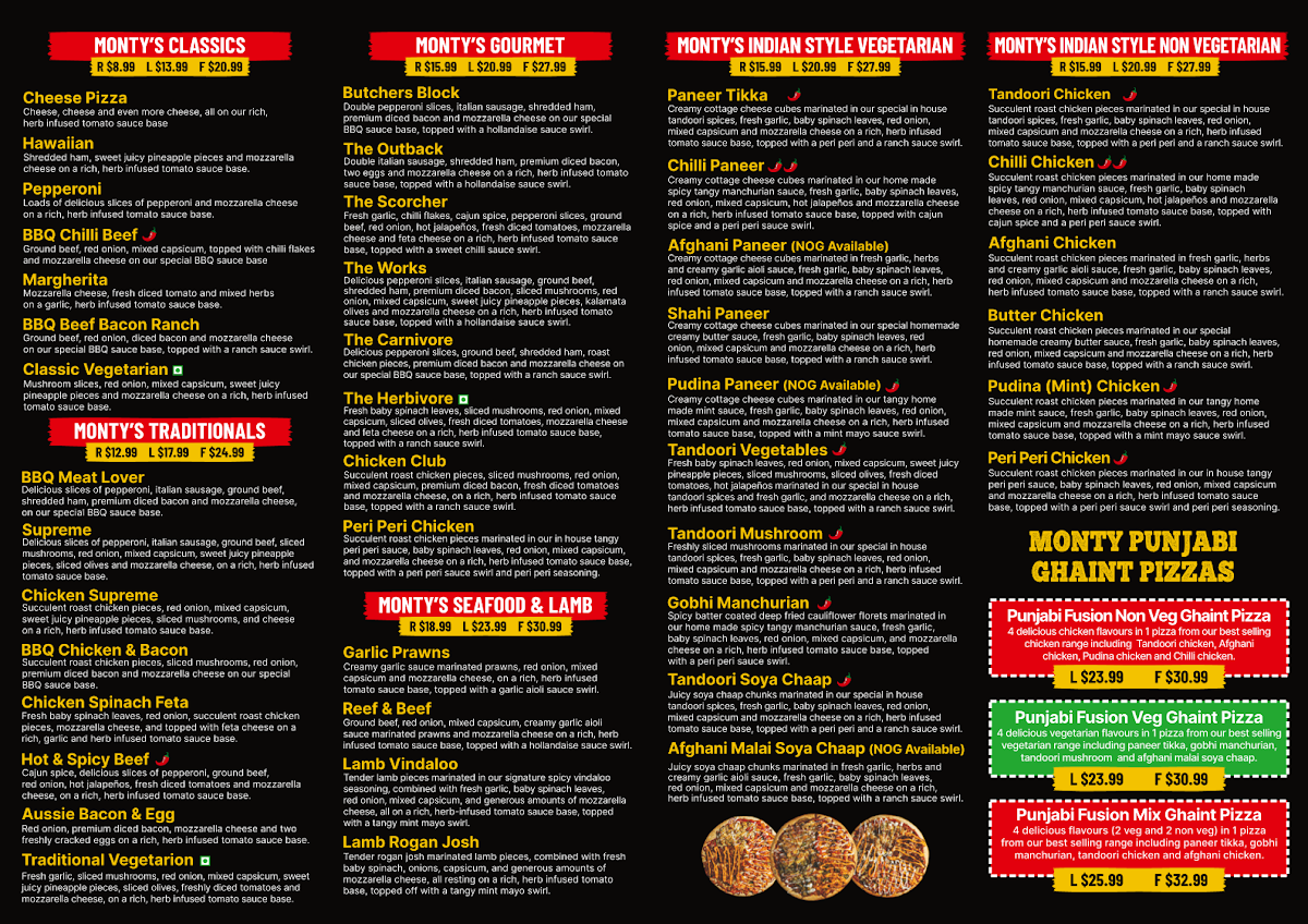 Menu, Monty’s Pizza Riverstone