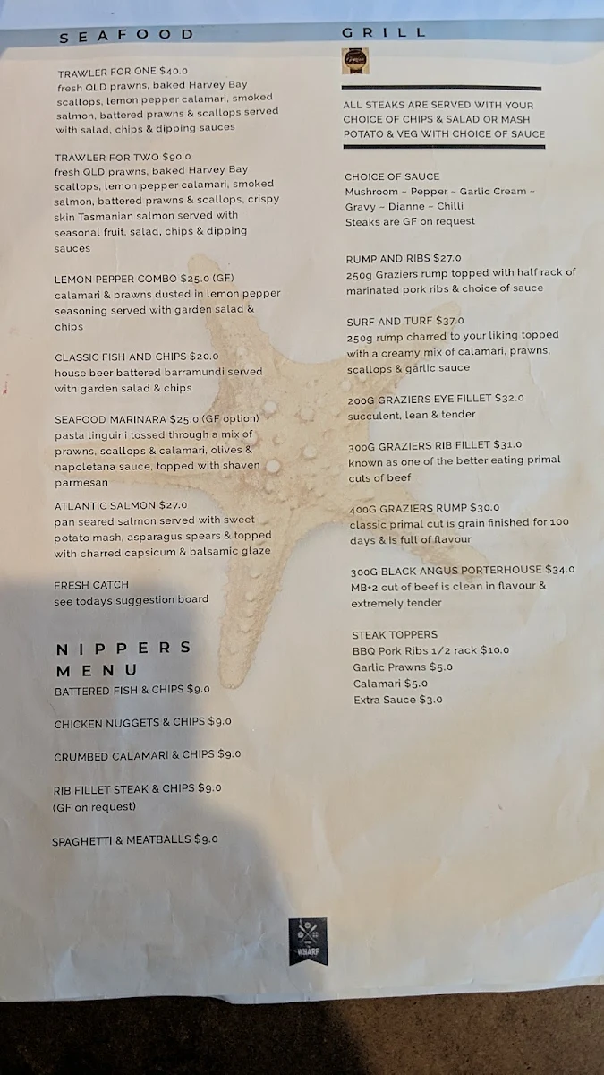 Menu, Wharf Tavern