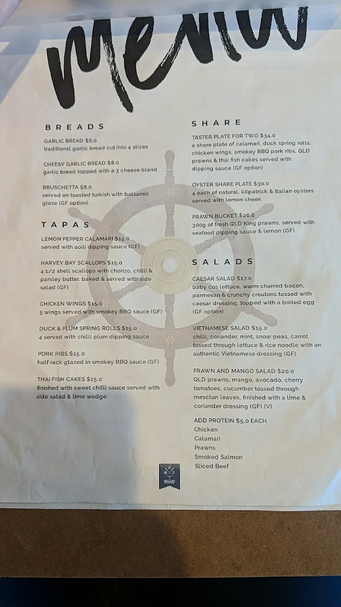 Menu, Wharf Tavern