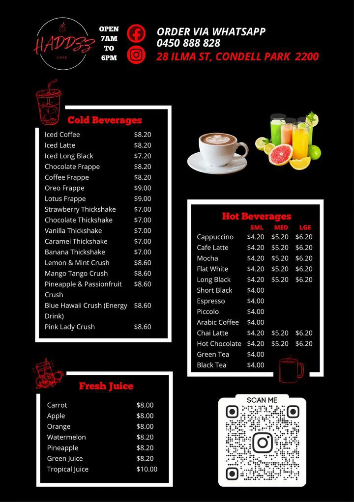 Menu, Haddzz cafe