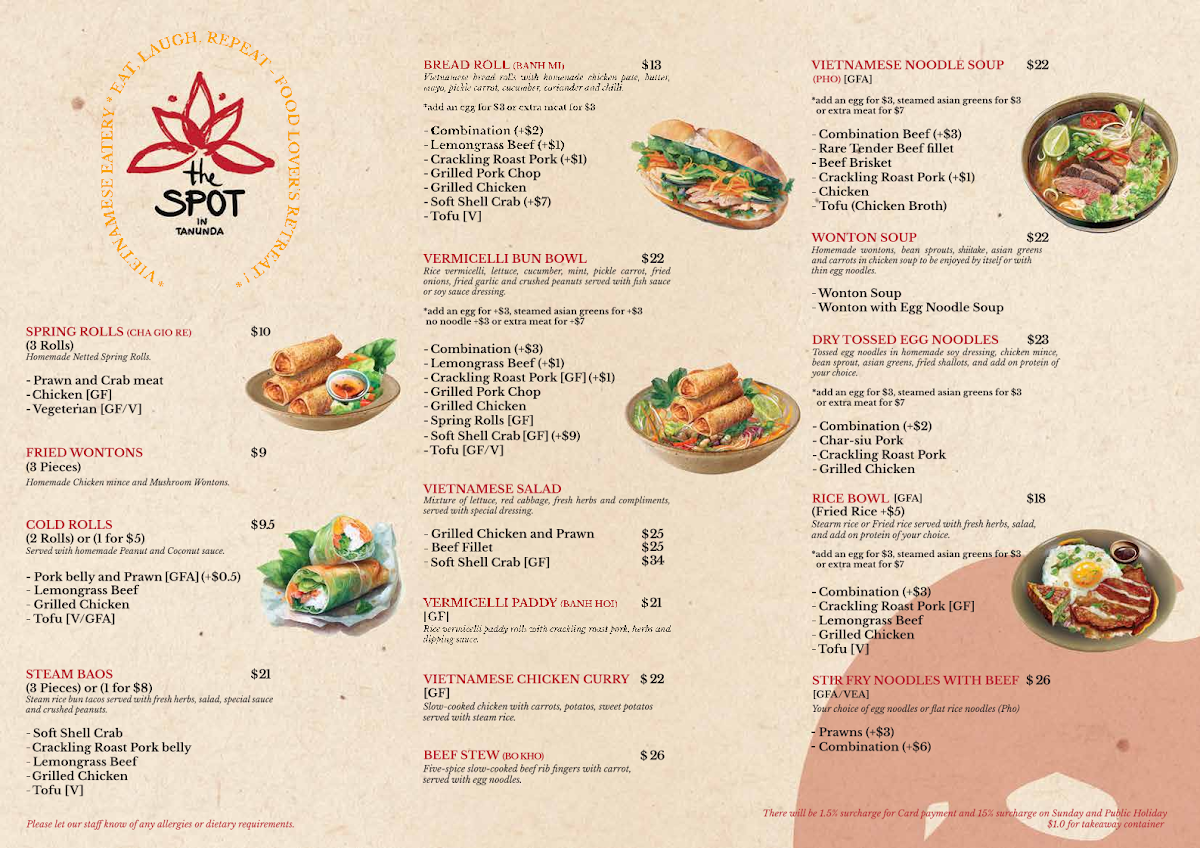 Menu, The Spot in Tanunda