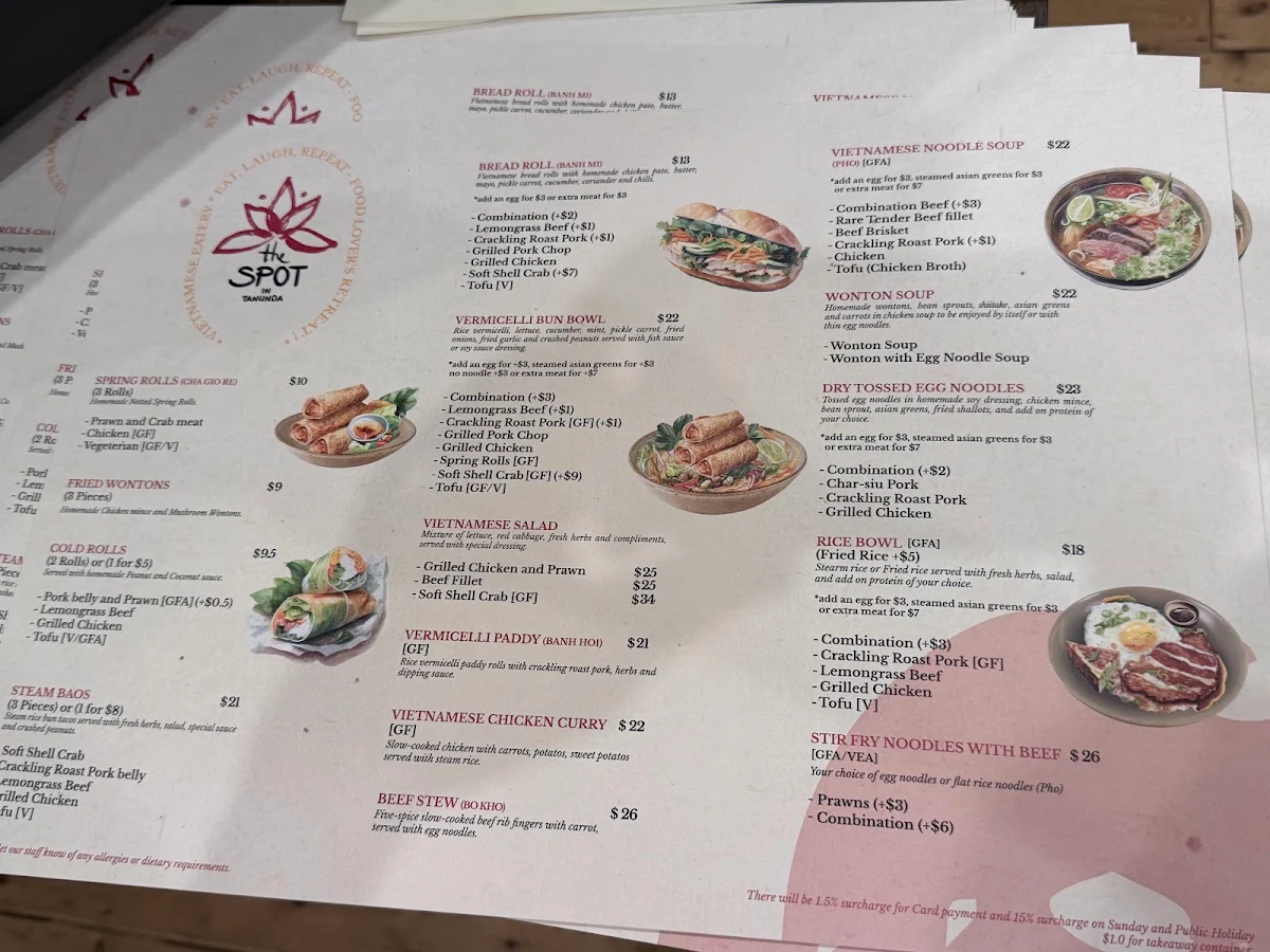 Menu, The Spot in Tanunda