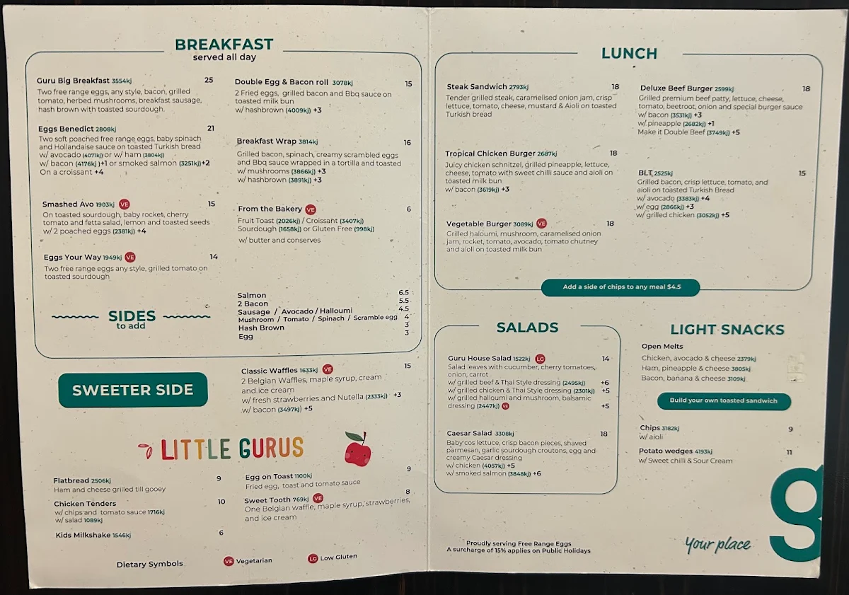 Menu, Coffee Guru Vincentia
