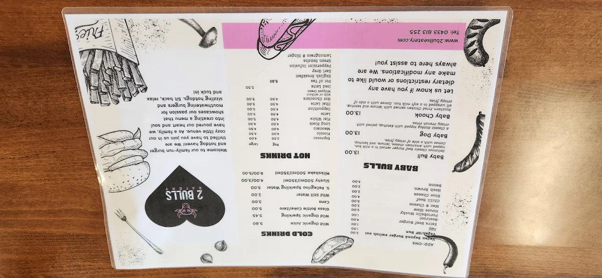Menu, 2 Bulls Eatery