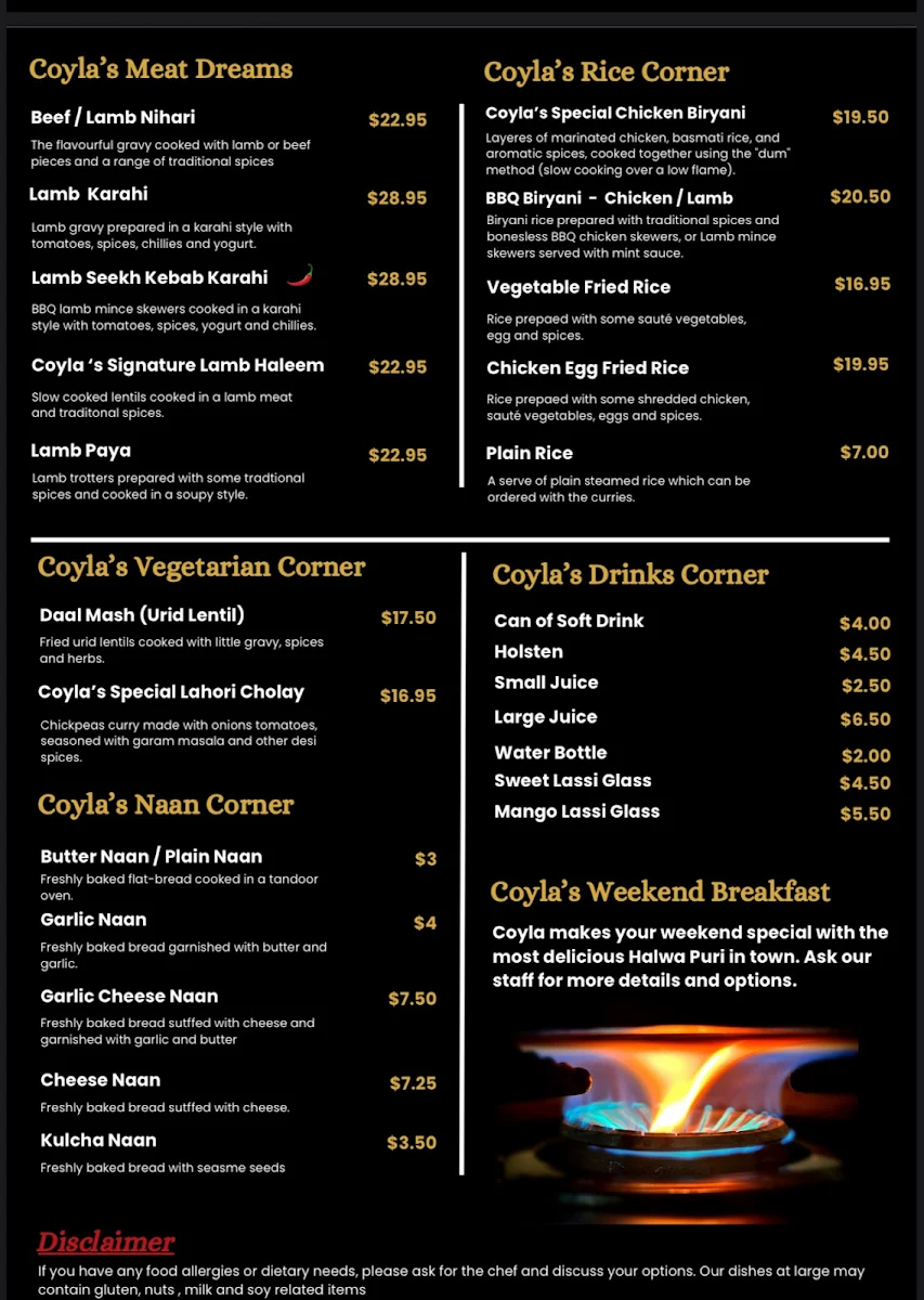 Menu, COYLA