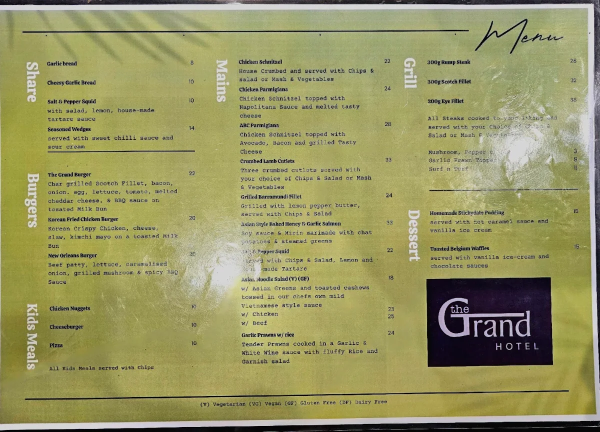 Menu, The Grand Hotel