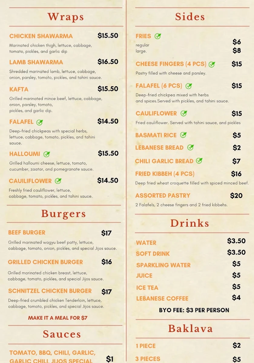 Menu, Jijos Grill