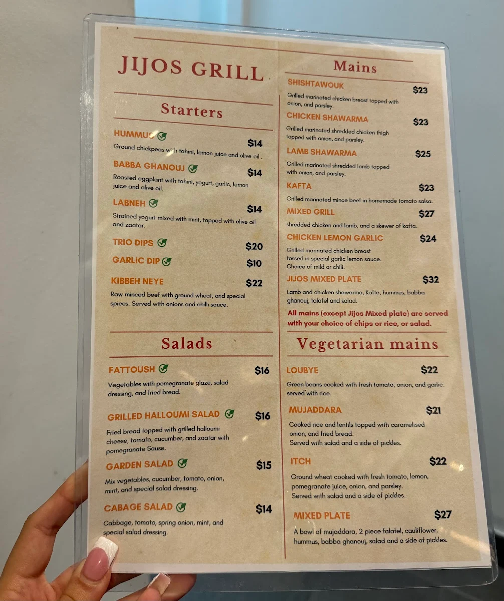 Menu, Jijos Grill